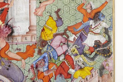 (detail) Krishna Cleaves the Demon Narakasura with his Discus, c.1585-90 by Indian School
